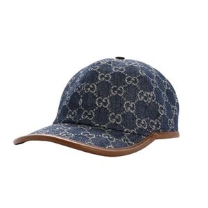 Gucci Blue Jacquard Denim GG Monogram Cap Hat with Brown Nappa Trim